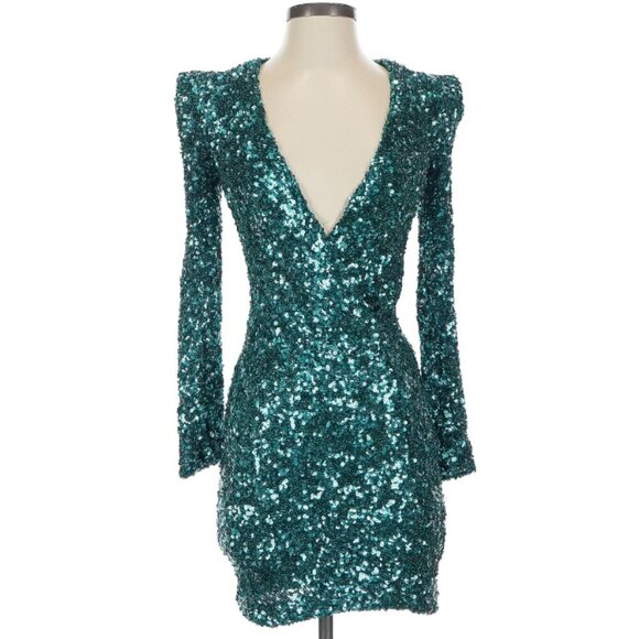 French Connection Teal Green Sequin Long Sleeve Dress - Picture 1 of 6